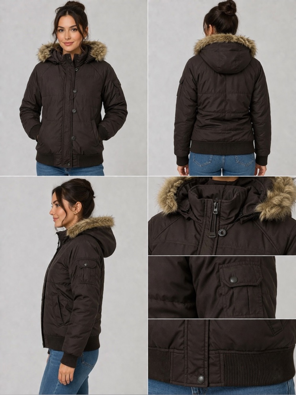 LFL by Lust for Life Brown Hooded Puffer with Faux Fur Trim L